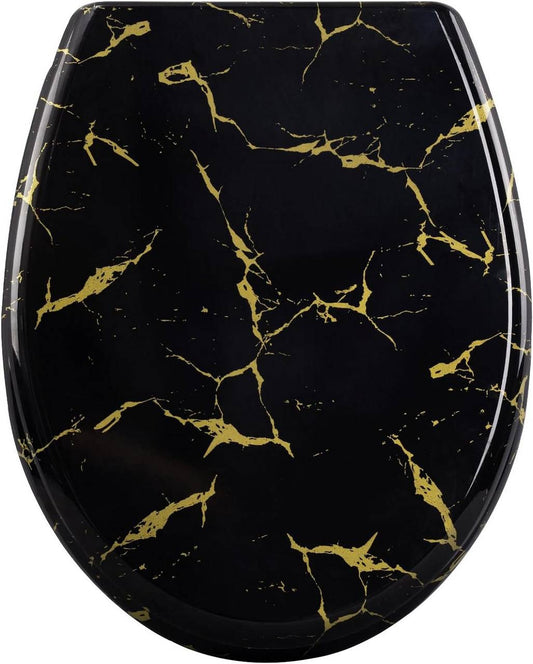 24goodz Soft-Close Toilet Seat - Elegant Design with Gold Glitter - Durable Duroplast - Universal Fit - Black