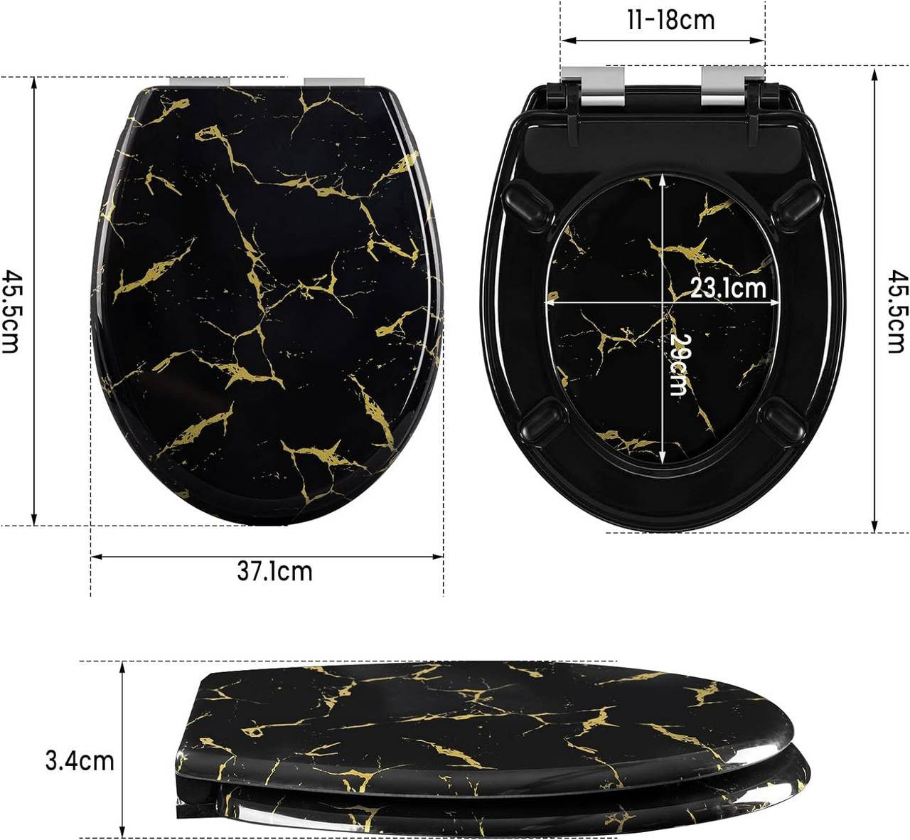 24goodz Soft-Close Toilet Seat - Elegant Design with Gold Glitter - Durable Duroplast - Universal Fit - Black