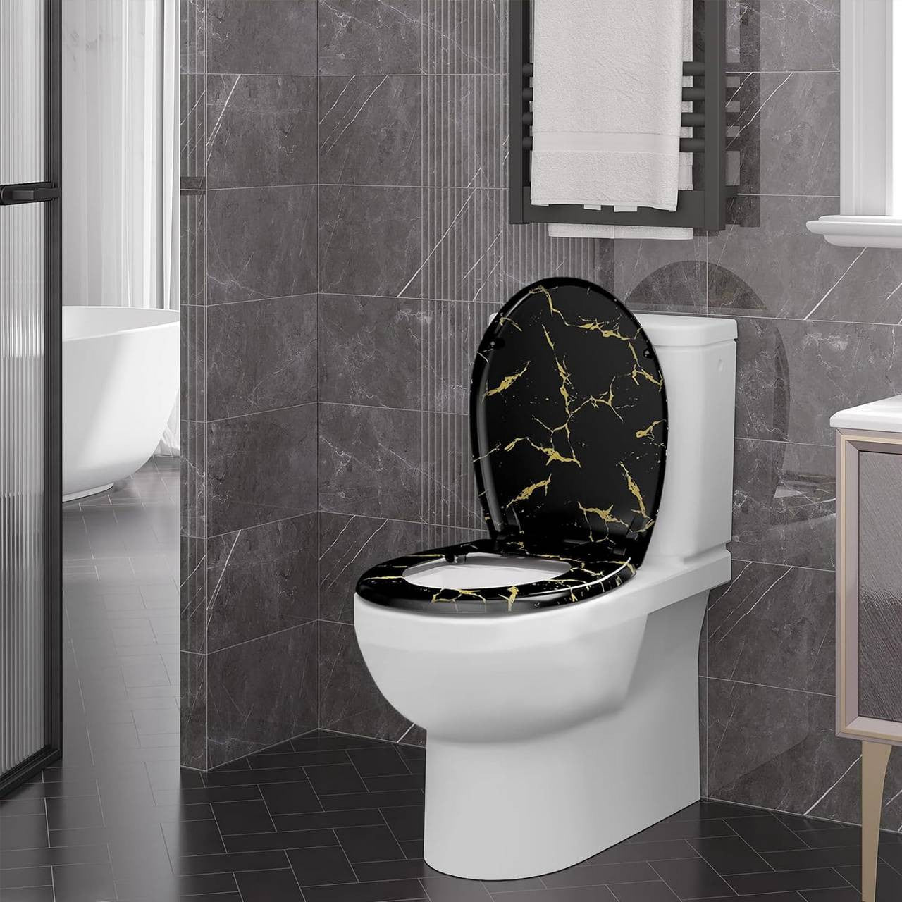 24goodz Soft-Close Toilet Seat - Elegant Design with Gold Glitter - Durable Duroplast - Universal Fit - Black