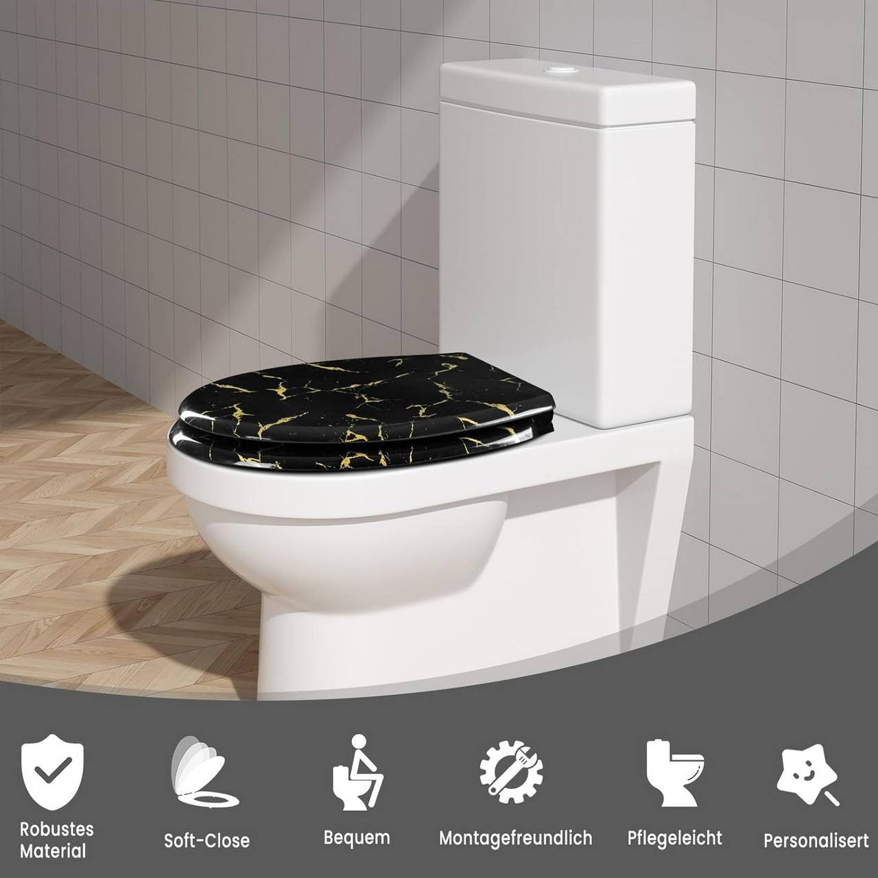 24goodz Soft-Close Toilet Seat - Elegant Design with Gold Glitter - Durable Duroplast - Universal Fit - Black