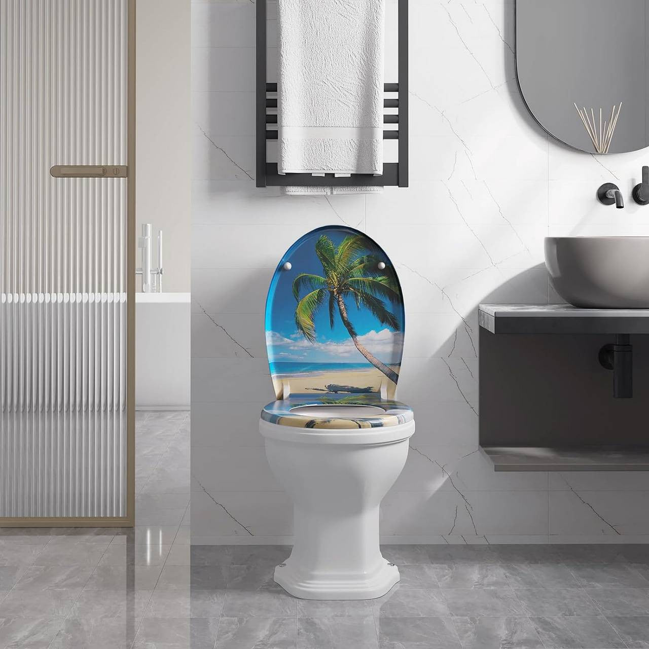 24goodz Oval Soft-Close Toilet Seat - Durable Duroplast - Easy to Clean - Duroplast - For Standard O-Shaped Toilets - Sea Pattern