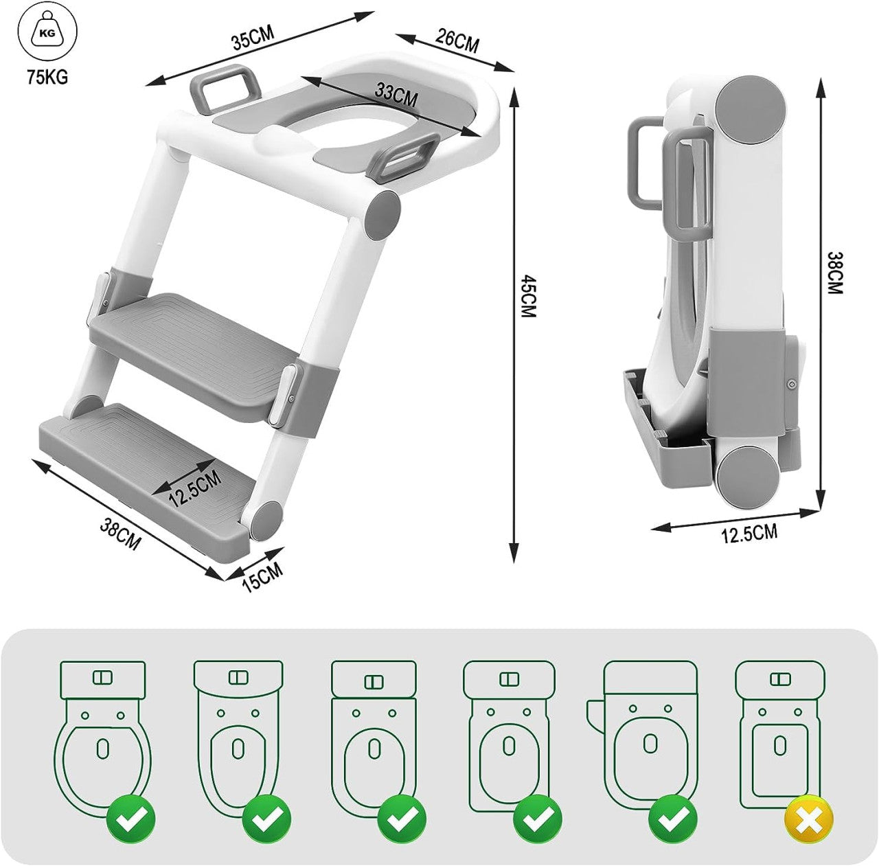 24goodz Kids Toilet Seat with Foldable Steps - Space-Saving Design - High-Quality PP - For Children - White + Grey