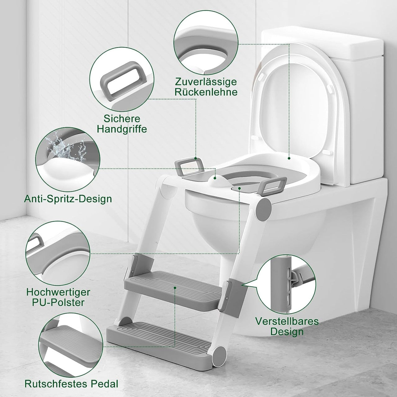 24goodz Kids Toilet Seat with Foldable Steps - Space-Saving Design - High-Quality PP - For Children - White + Grey