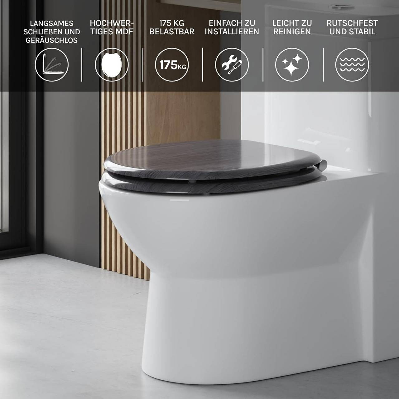 24goodz Soft-Close Toilet Seat - Durable MDF Construction - Easy Installation - MDF - For Standard Toilets - Grey Wood Pattern