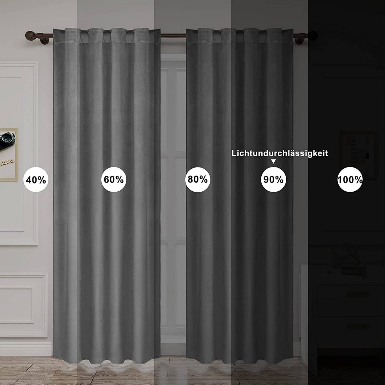 24goodz Velvet Blackout Curtain with Ruffles - Elegant Design - Insulating Fabric - 100% Polyester - Grey - 140x245 cm - mgr