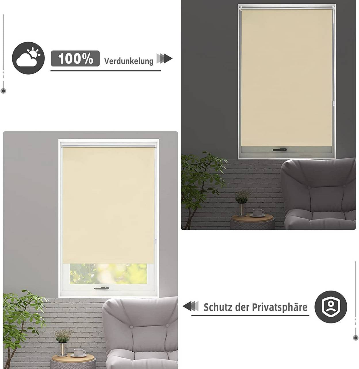 24goodz Thermal Blackout Roller Blind - Easy Installation Without Drilling - 100% Polyester - For Any Room - Beige 40-120 cm x 160 cm