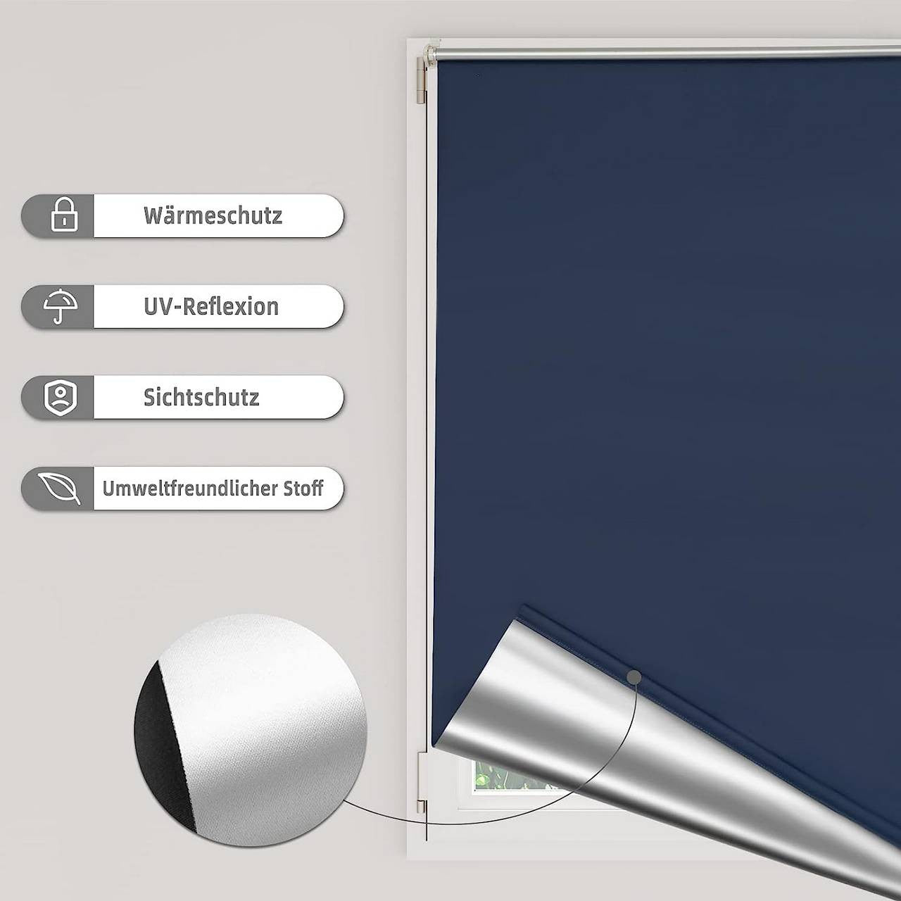 24goodz Blackout Roller Blind - Easy Installation Without Drilling - 100% Polyester - For Any Room - Blue 110x160cm