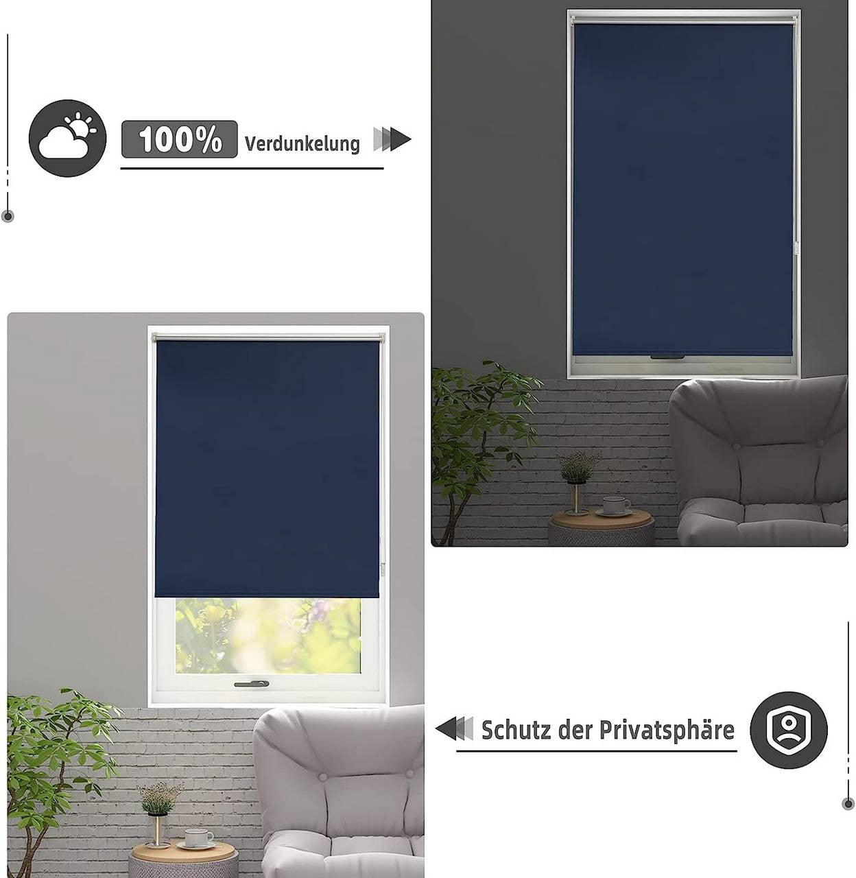 24goodz Thermal Blackout Roller Blind - Easy Installation - 100% Polyester - For All Rooms - Blue 70x160cm