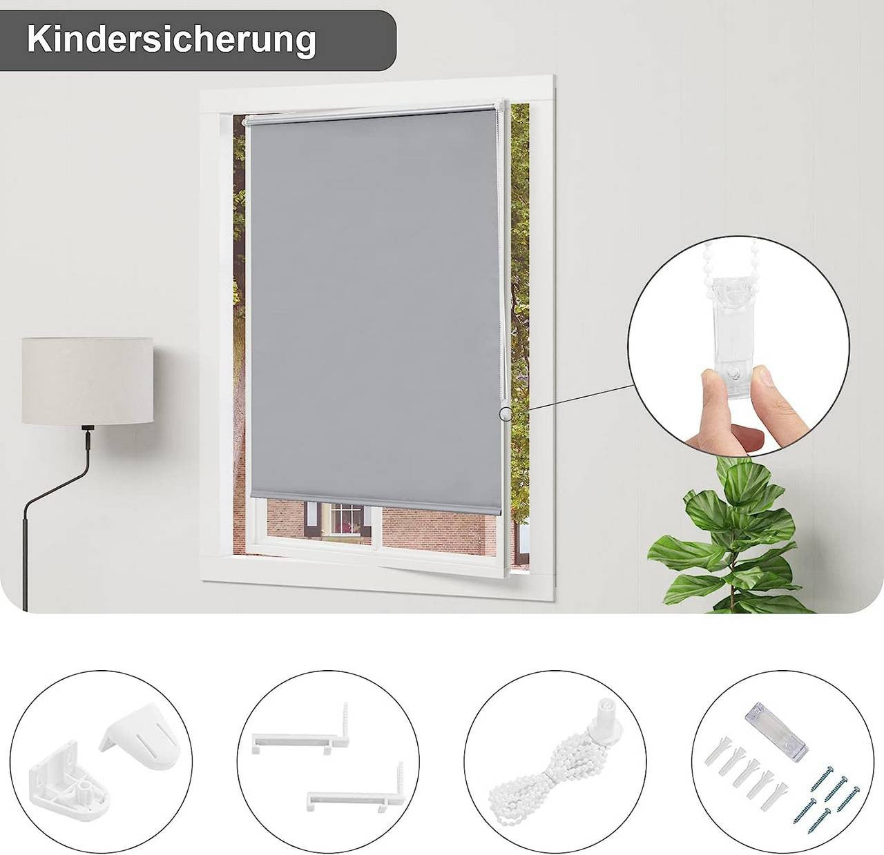 24goodz Thermal Blackout Roller Blind - Easy Installation Without Drilling - 100% Polyester - For Any Room - Grey 120x120cm