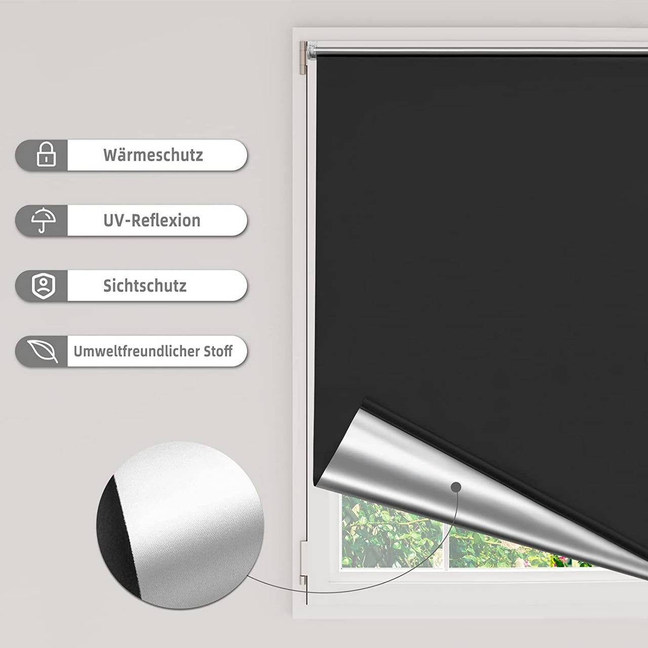 24goodz Black Thermal Blackout Roller Blind - Easy Installation - 100% Polyester - For Every Room - 40-120 cm x 160 cm - sz