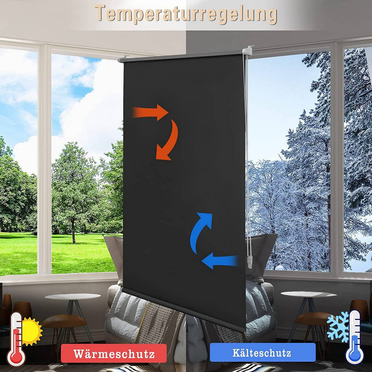 24goodz Black Thermal Blackout Roller Blind - Easy Installation - 100% Polyester - For All Rooms - 90 x 210 cm - sz