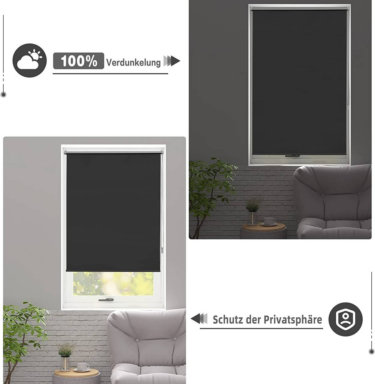 24goodz Black Blackout Roller Blind - Thermal Insulation - 100% Polyester - For Any Room - 70 x 210 cm - sz