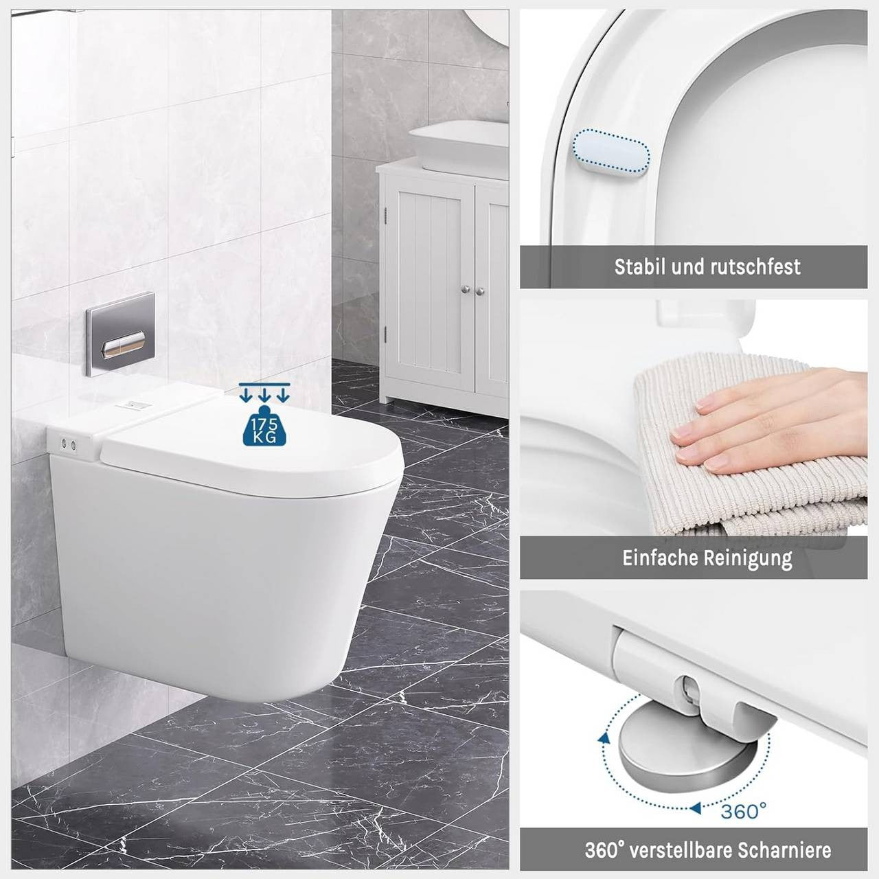24goodz Toilet Seat with Soft-Close Mechanism - Easy to Clean - Durable Plastic - For Standard D-Toilets - White