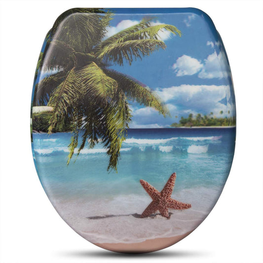 24goodz Duroplast Toilet Seat with Soft-Close Mechanism - Easy to Clean - Durable Material - Universal Fit - Sandy Beach with Starfish
