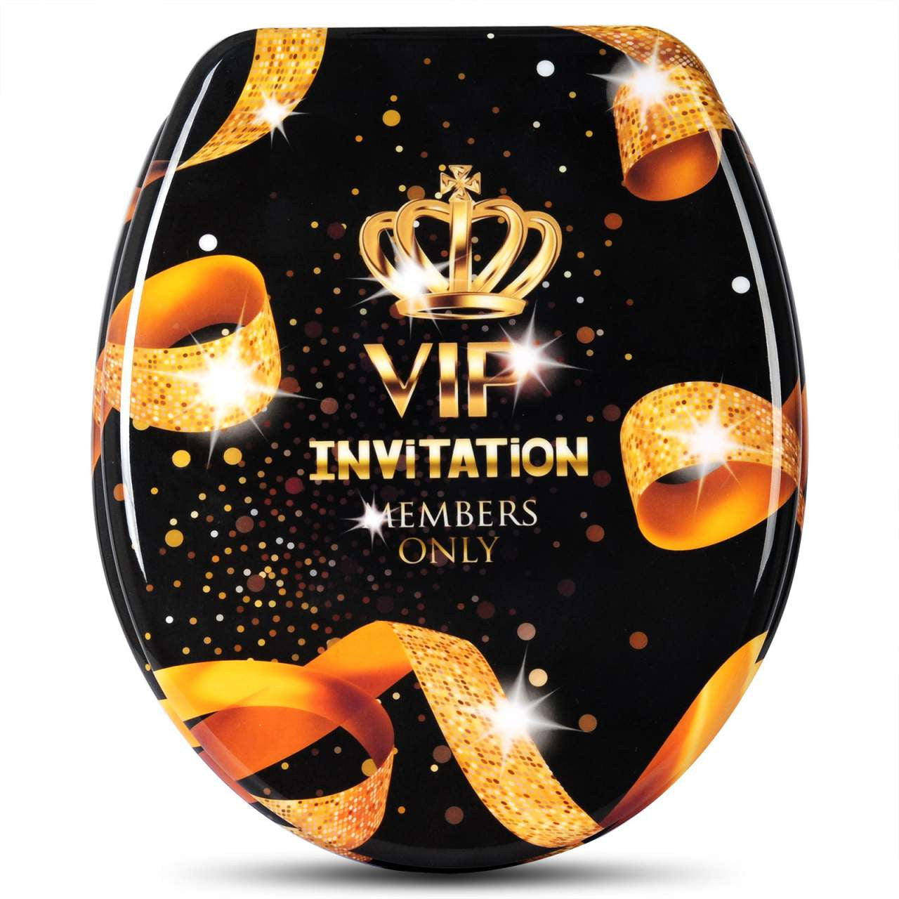 24goodz Toilet Seat - Soft Close Mechanism - Antibacterial Coating - Duroplastic - For Families and Commercial Use - Gold VIP Pattern