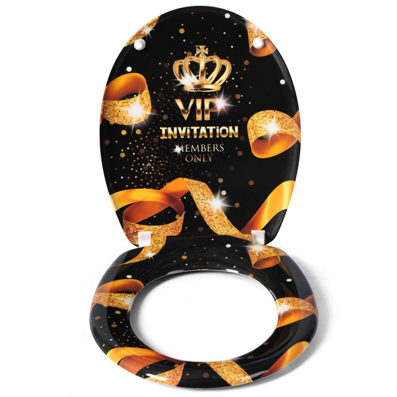 24goodz Toilet Seat - Soft Close Mechanism - Antibacterial Coating - Duroplastic - For Families and Commercial Use - Gold VIP Pattern
