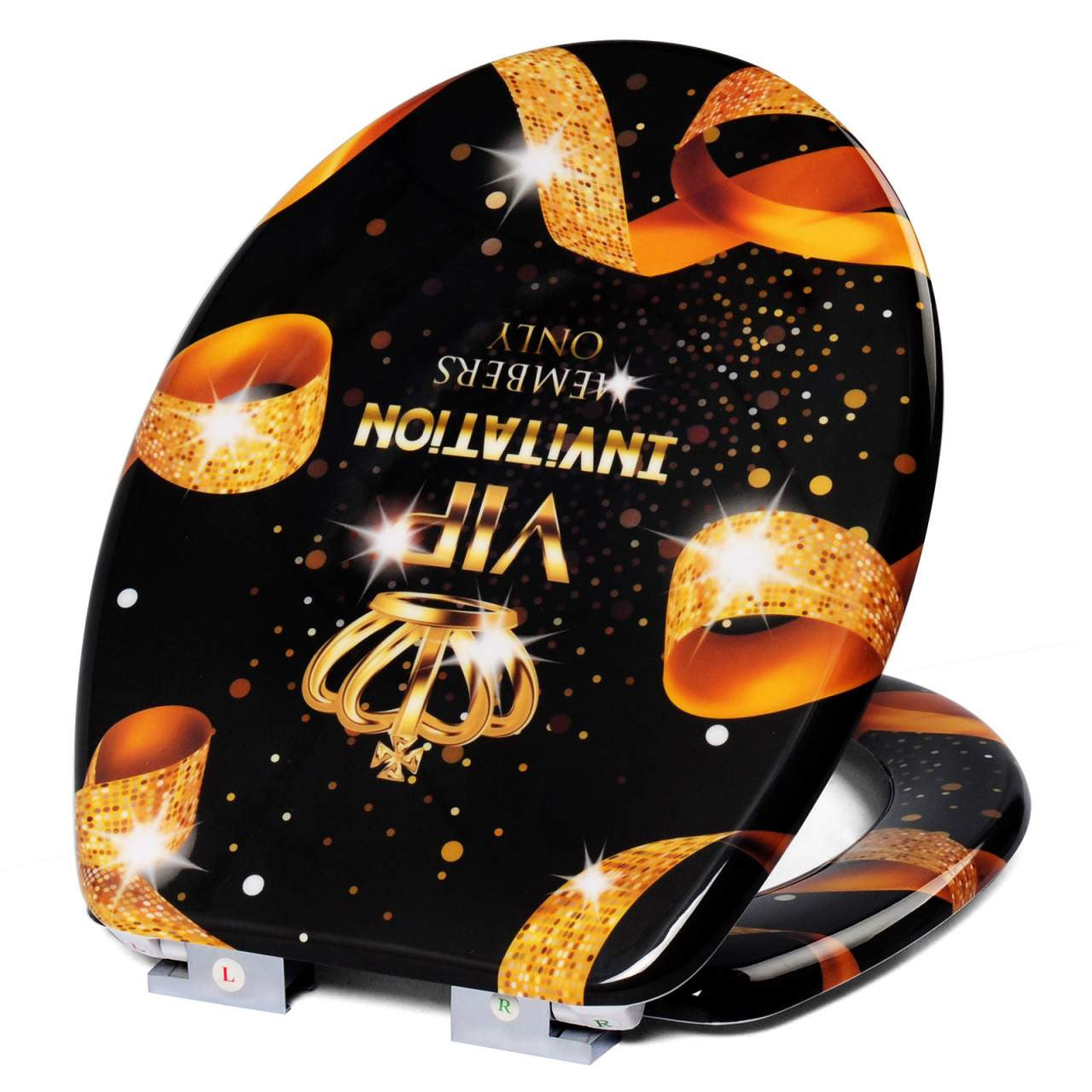 24goodz Toilet Seat - Soft Close Mechanism - Antibacterial Coating - Duroplastic - For Families and Commercial Use - Gold VIP Pattern
