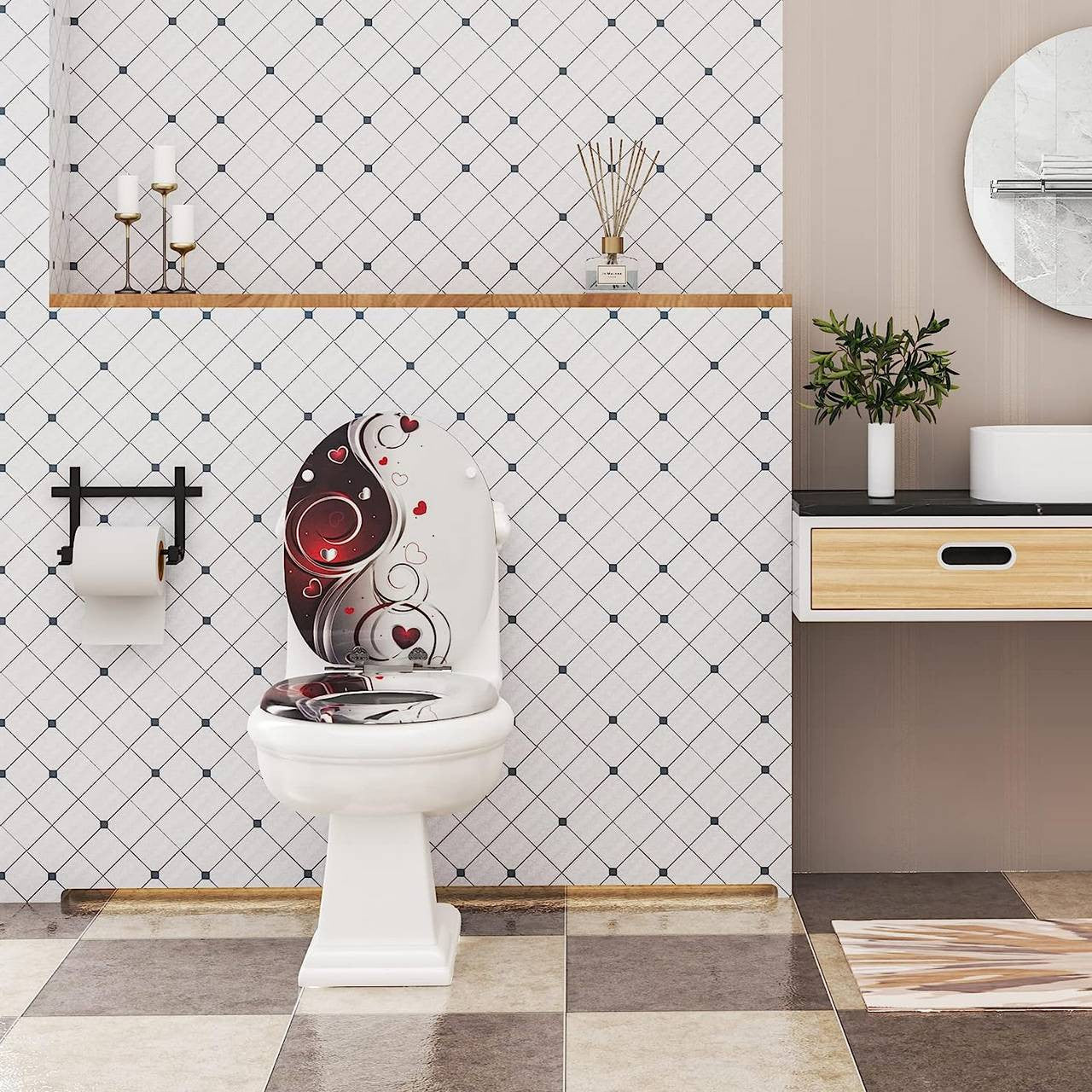24goodz Soft-Close Toilet Seat - Antibacterial and Water-Resistant - MDF - Universal Fit - Oval Shape - Printed Design