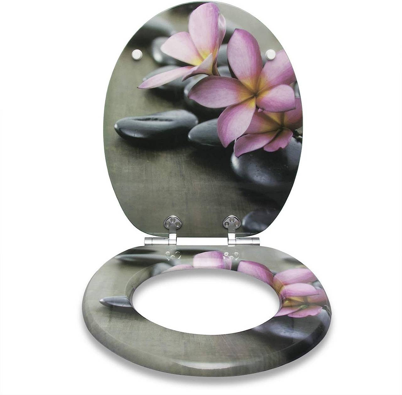 24goodz MDF Toilet Seat with Soft-Close Mechanism - Antibacterial and Water-Repellent - MDF - Universal O-Shaped Toilets - Grey Floral