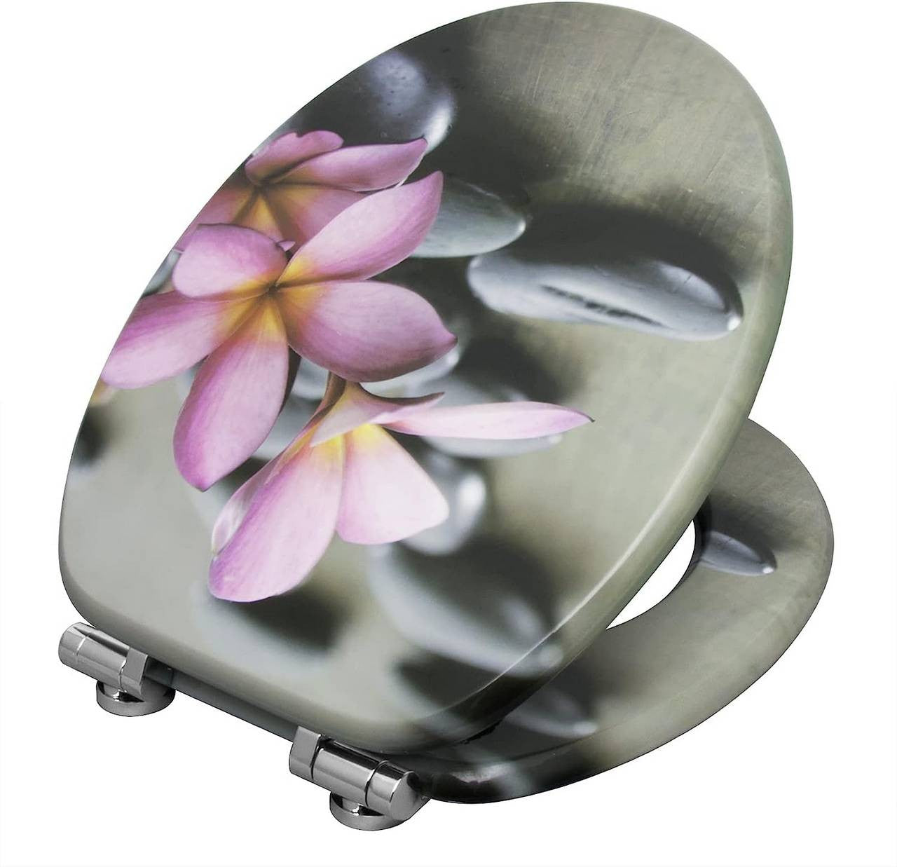 24goodz MDF Toilet Seat with Soft-Close Mechanism - Antibacterial and Water-Repellent - MDF - Universal O-Shaped Toilets - Grey Floral