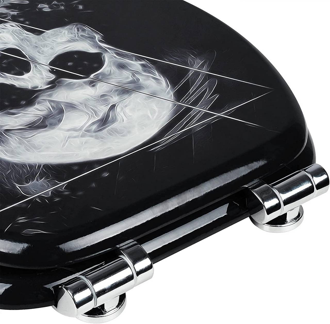 24goodz Toilet Seat with Soft-Close Mechanism - Antibacterial and Water-Resistant - MDF - Universal Fit - Black Skull Design