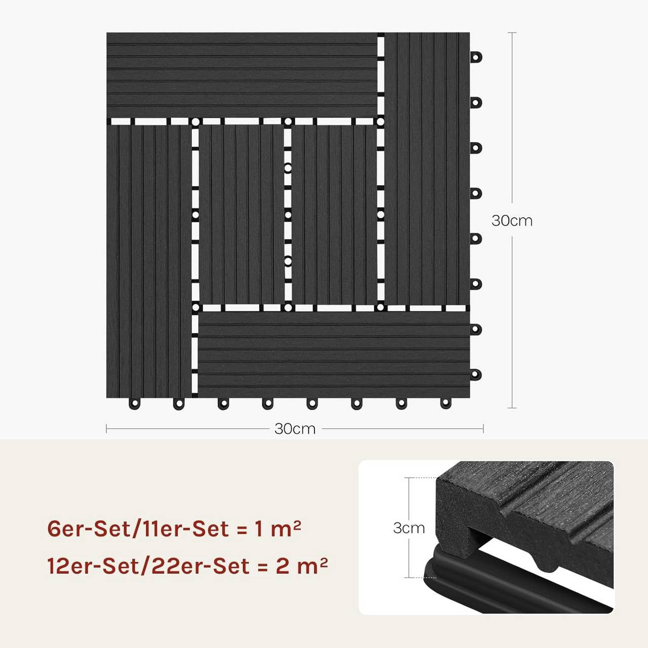 24goodz Set of 22 WPC Decking Tiles - Eco-Friendly Design - Water and UV Resistant - Wood Plastic Composite - Anthracite - 30 x 30 cm