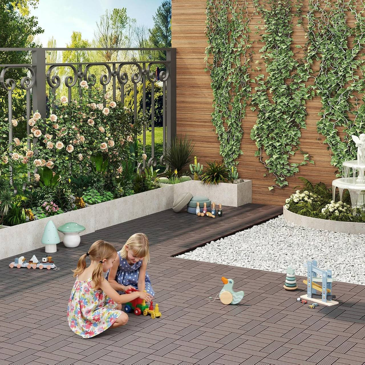 24goodz 11 Pcs WPC Decking Tiles - Eco-Friendly Material - Easy Installation - WPC - For Indoor and Outdoor Use - Coffee