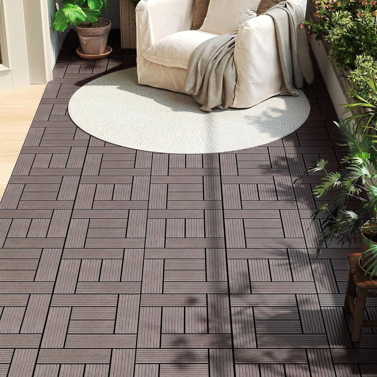 24goodz 11 Pcs WPC Decking Tiles - Eco-Friendly Material - Easy Installation - WPC - For Indoor and Outdoor Use - Coffee