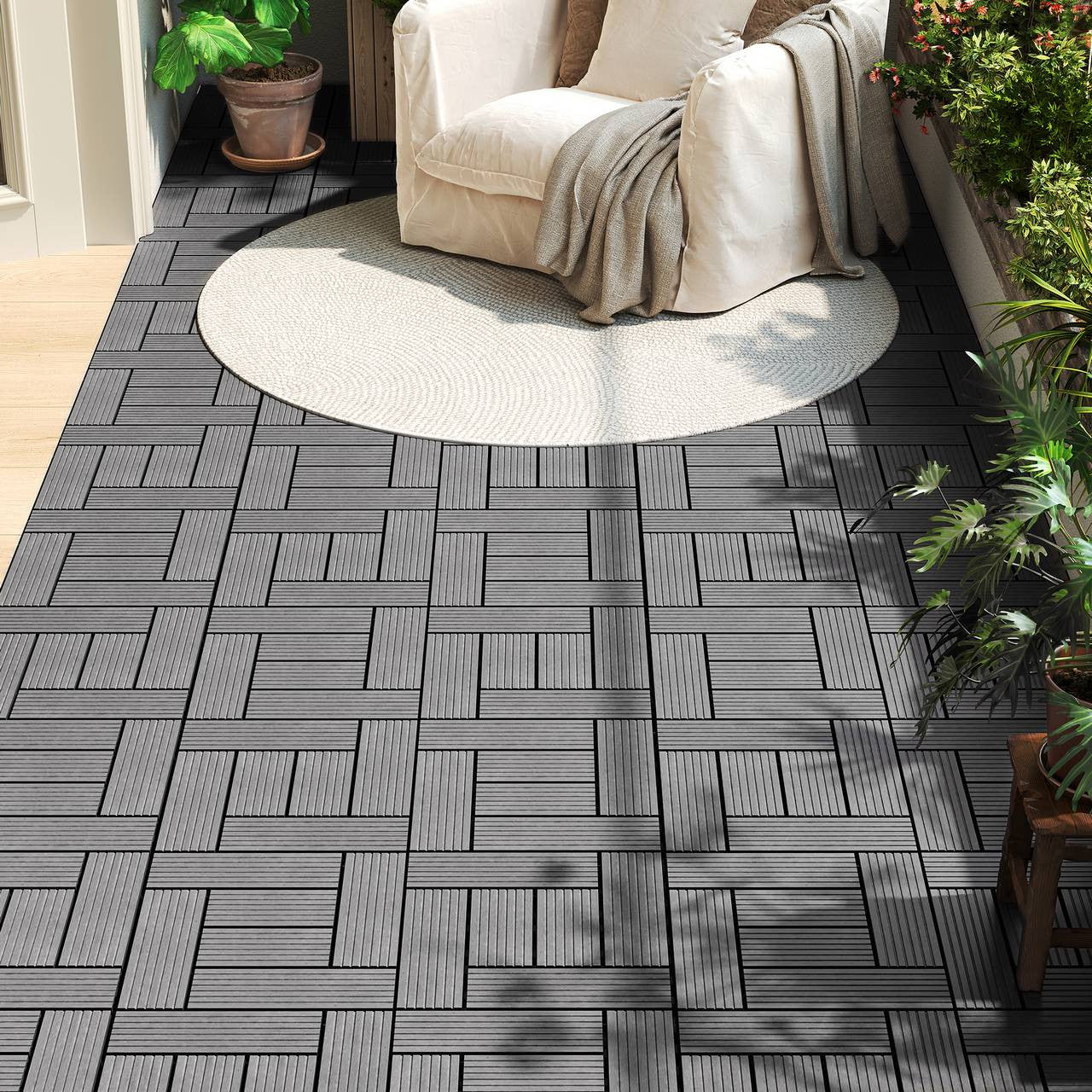 24goodz 11 Pcs WPC Decking Tiles - Eco-Friendly Material - Easy Installation - WPC - For Outdoor and Indoor Use - Light Grey - hgr