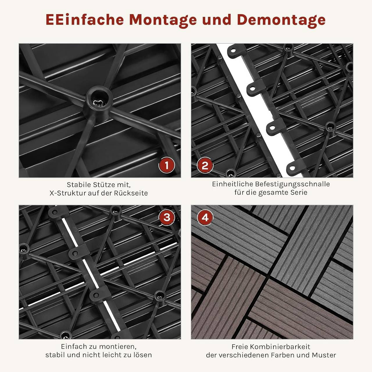 24goodz 11 Pcs WPC Decking Tiles - Eco-Friendly Material - Easy Installation - WPC - For Outdoor and Indoor Use - Light Grey - hgr