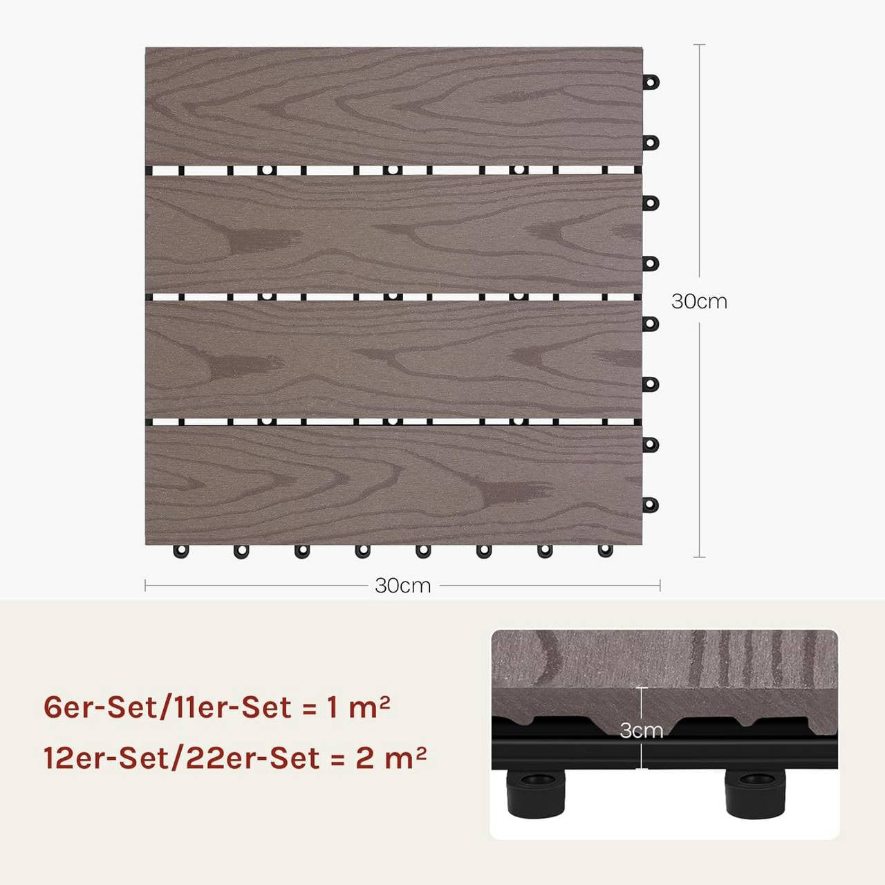 24goodz Decking Tiles - Robust and Durable - Quick and Easy Installation - WPC - For Indoor and Outdoor Use - Brown
