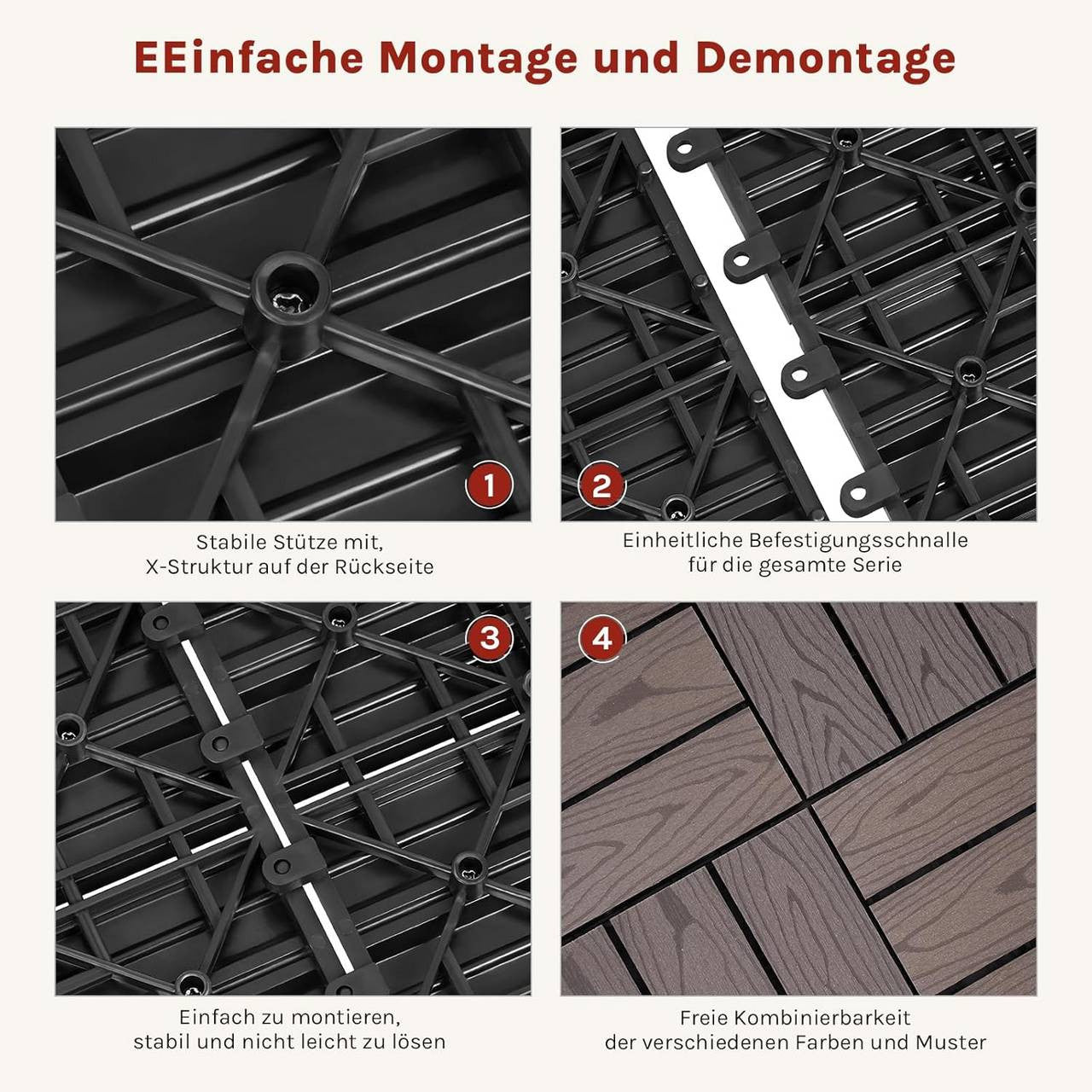 24goodz WPC Decking Tiles - Durable and Non-Fading - Easy to Install with Click System - WPC - For Outdoor and Indoor Use - Brown