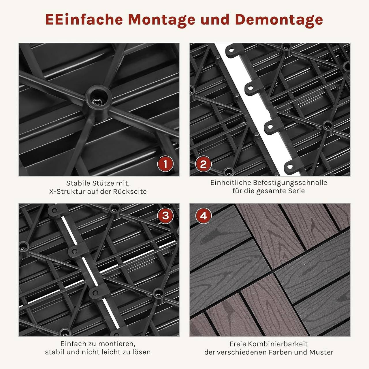 24goodz WPC Decking Tiles - Durable and Non-Fading - Easy to Install with Click System - WPC - For Outdoor and Indoor Use - Gray
