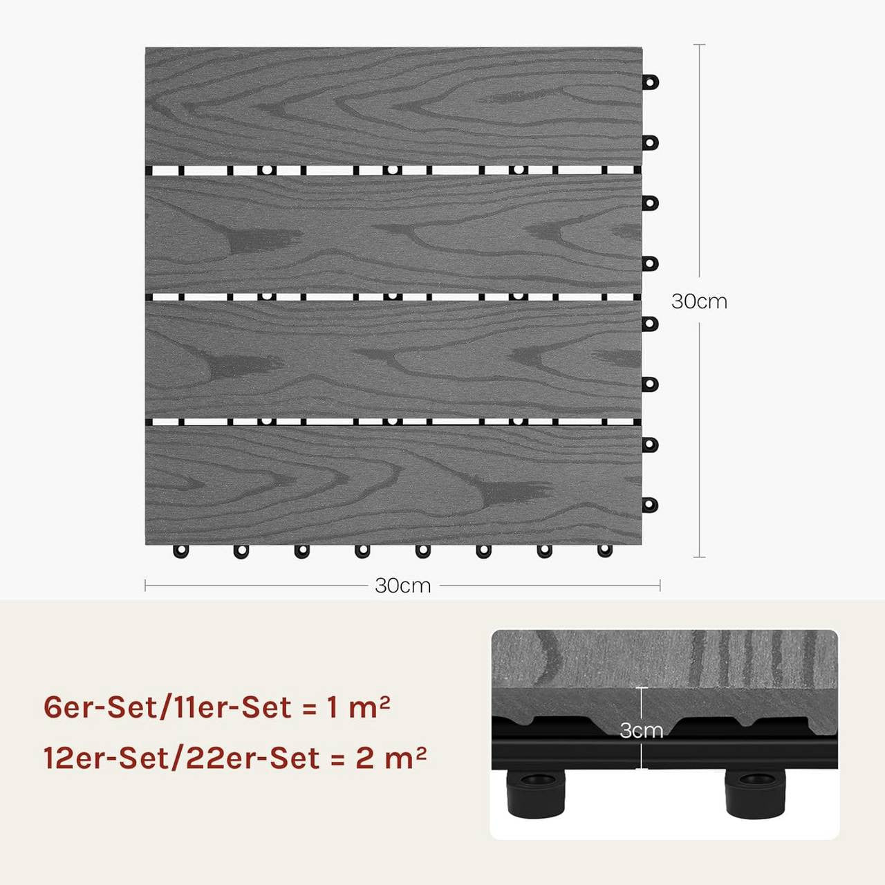 24goodz Decking Tiles - Quick and Easy Installation - Durable WPC Material - 30x30cm - Light Grey - hgr