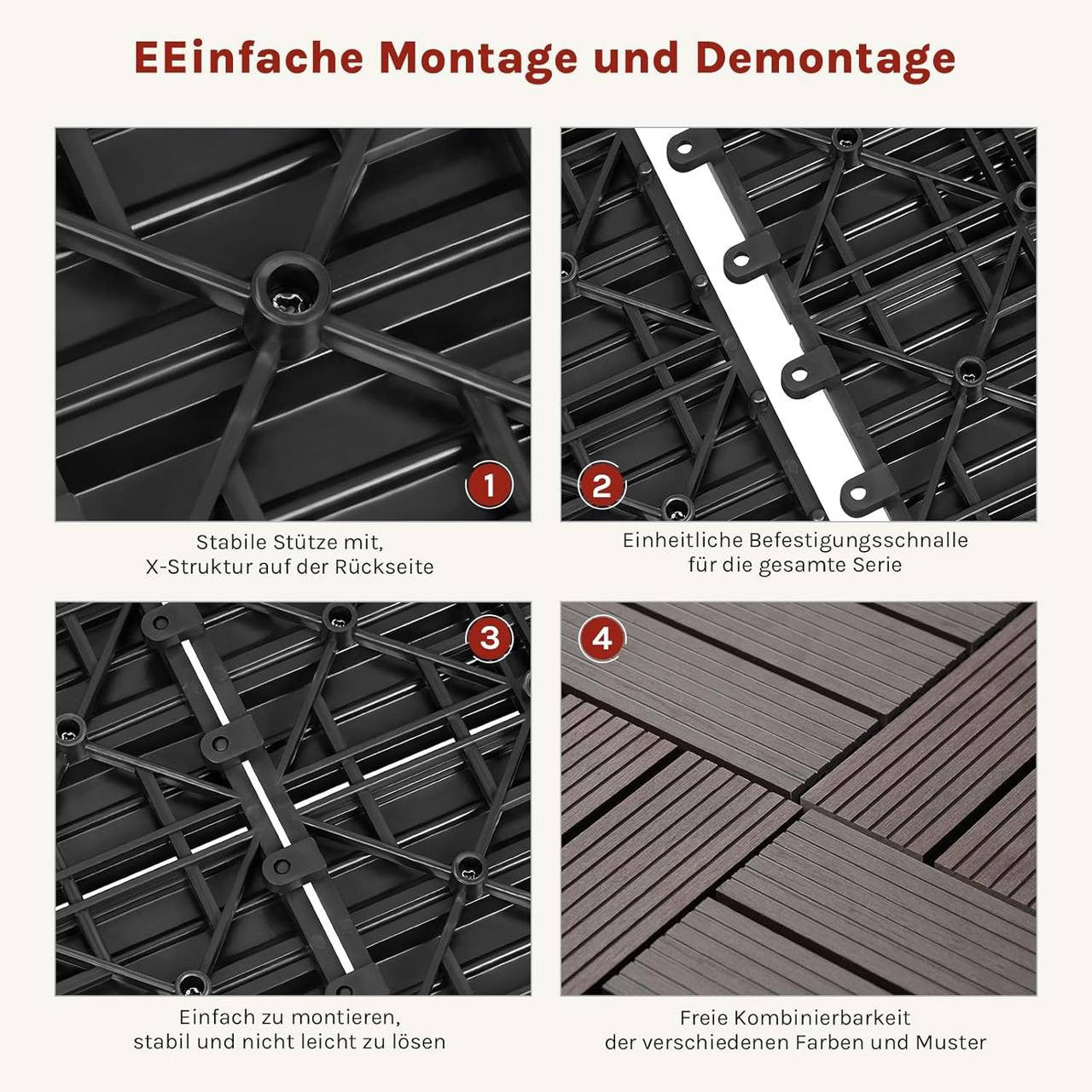 24goodz WPC Decking Tiles - Quick and Easy Installation - Durable and Weather Resistant - WPC - For Outdoor and Indoor Use - Brown