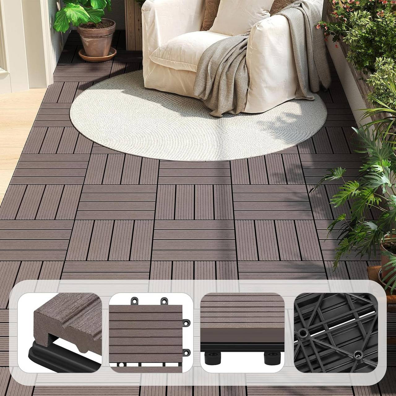 24goodz WPC Decking Tiles - Quick and Easy Installation - Durable and Weather Resistant - WPC - For Outdoor and Indoor Use - Brown
