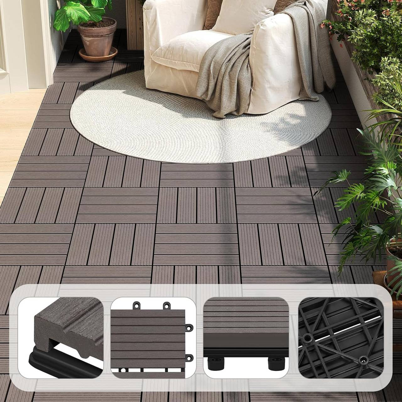 24goodz WPC Decking Tiles - Eco-Friendly Material - Easy Installation - WPC - For Outdoor and Indoor Use - Brown