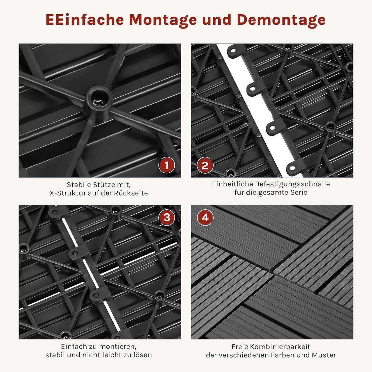 24goodz WPC Decking Tiles - Eco-Friendly Material - Easy Installation - WPC - For Indoor and Outdoor Use - Grey