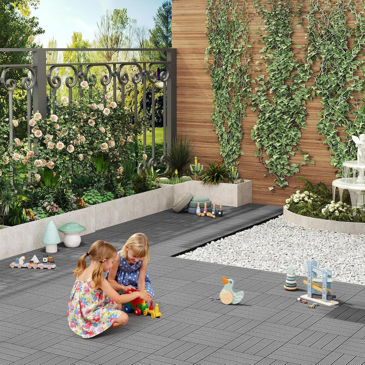 24goodz WPC Decking Tiles - Eco-Friendly Material - Easy Installation - WPC - For Outdoor and Indoor Use - Light Grey - hgr