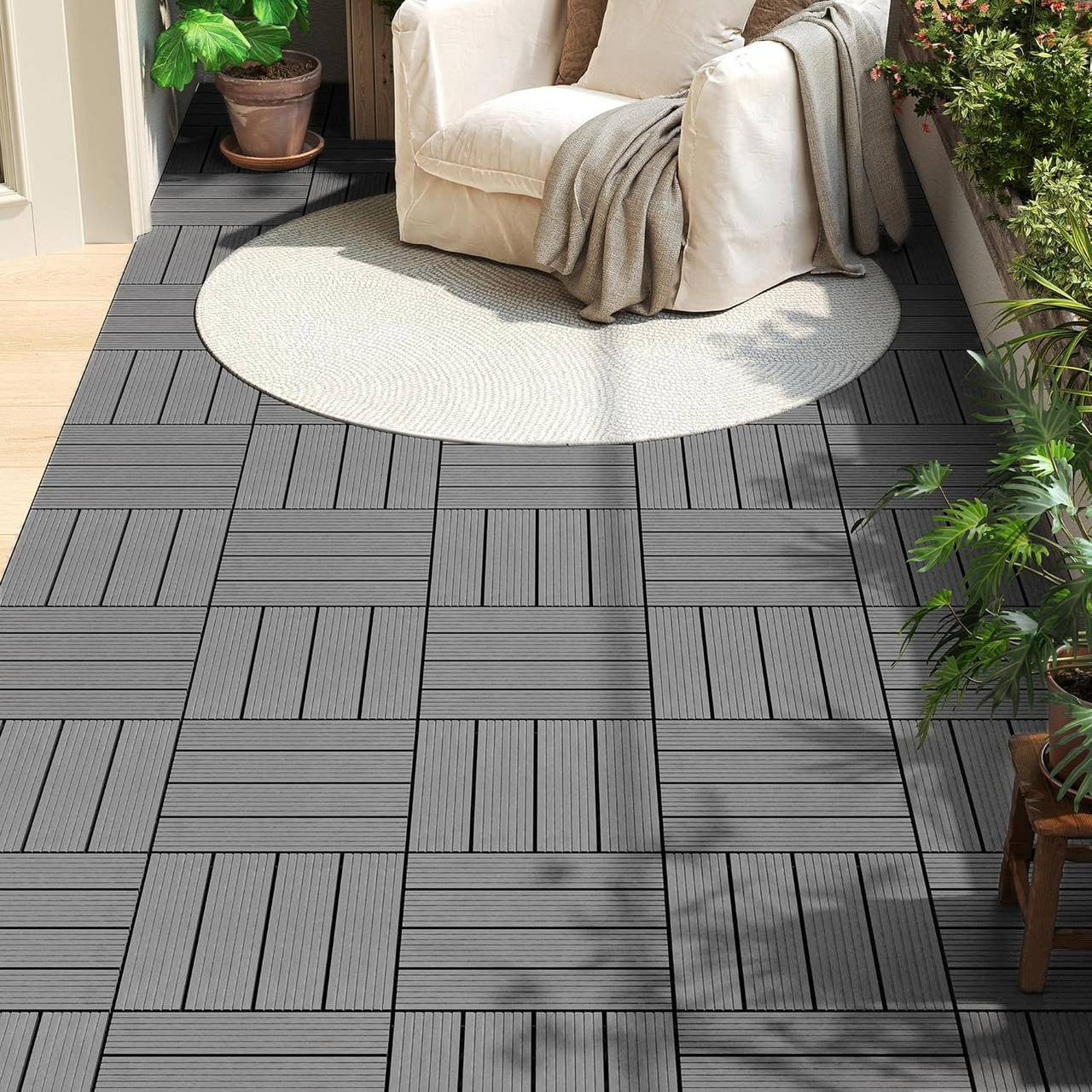 24goodz WPC Decking Tiles - Eco-Friendly Material - Easy Installation - WPC - For Outdoor and Indoor Use - Light Grey - hgr