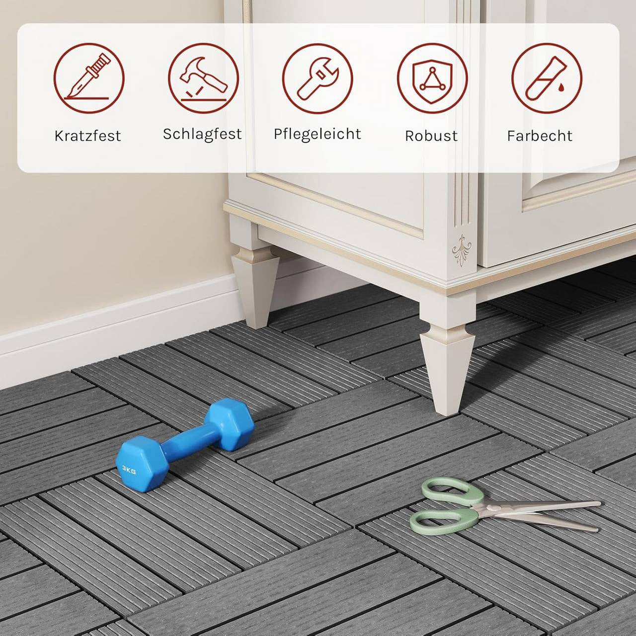 24goodz WPC Decking Tiles - Eco-Friendly Material - Easy Installation - WPC - For Outdoor and Indoor Use - Light Grey - hgr