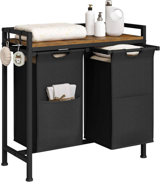 24goodz Laundry Basket with 2 Compartments - Versatile Storage Solution - Durable Oxford Fabric - For Home Use - Black + Rustic Brown