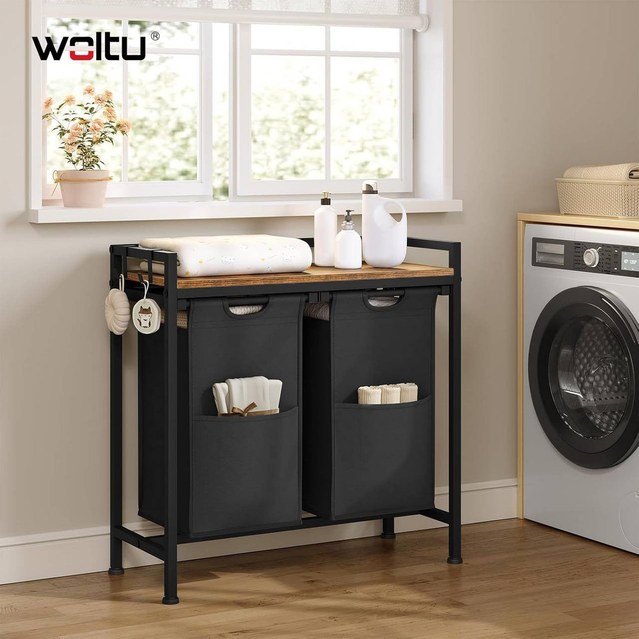 24goodz Laundry Basket with 2 Compartments - Versatile Storage Solution - Durable Oxford Fabric - For Home Use - Black + Rustic Brown