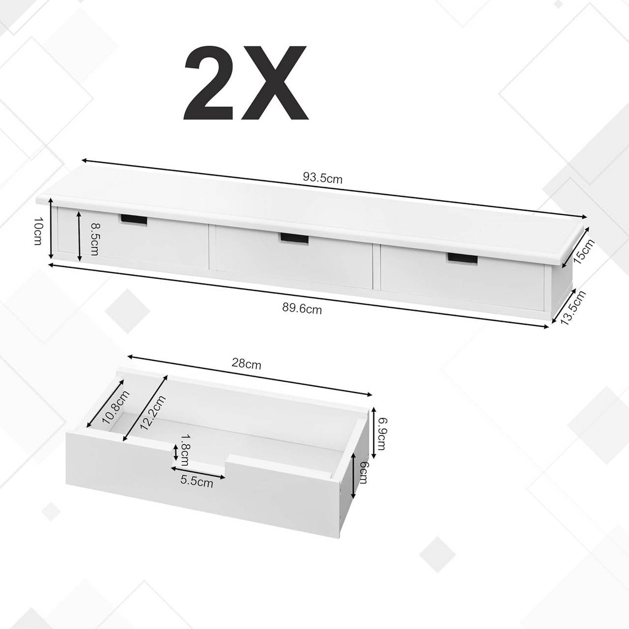 24goodz Floating Shelf with 3 Drawers - Stylish Storage Solution - MDF - For Home Decor - White