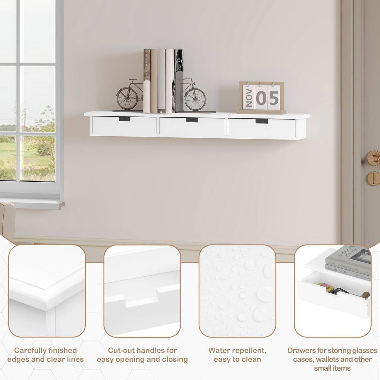 24goodz Floating Shelf with 3 Drawers - Stylish Storage Solution - MDF - For Home Decor - White