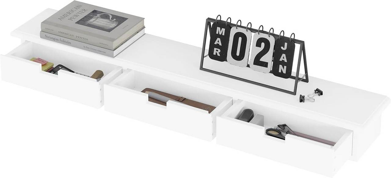 24goodz Floating Shelf with 3 Drawers - Stylish Storage Solution - MDF - For Home Decor - White