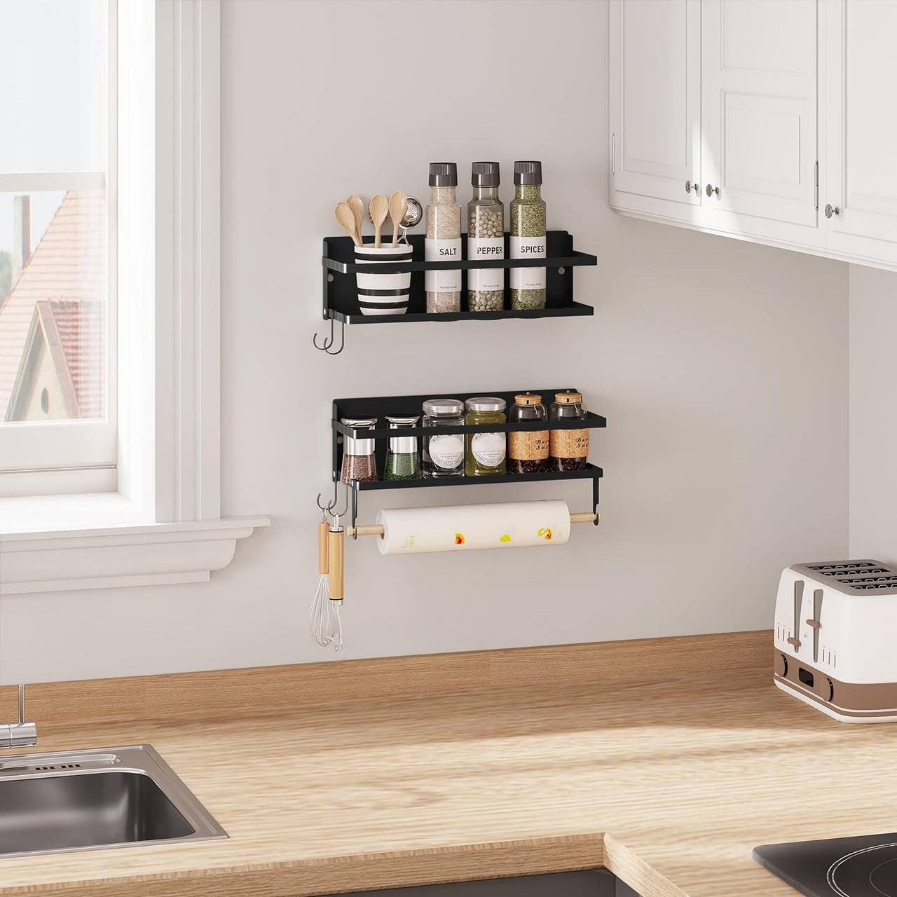 24goodz Wall Shelf Set of 2 - Versatile Storage Solution - High Quality & Durable - Metal and Wood - Black - 30 x 11 cm + 30 x 18 cm