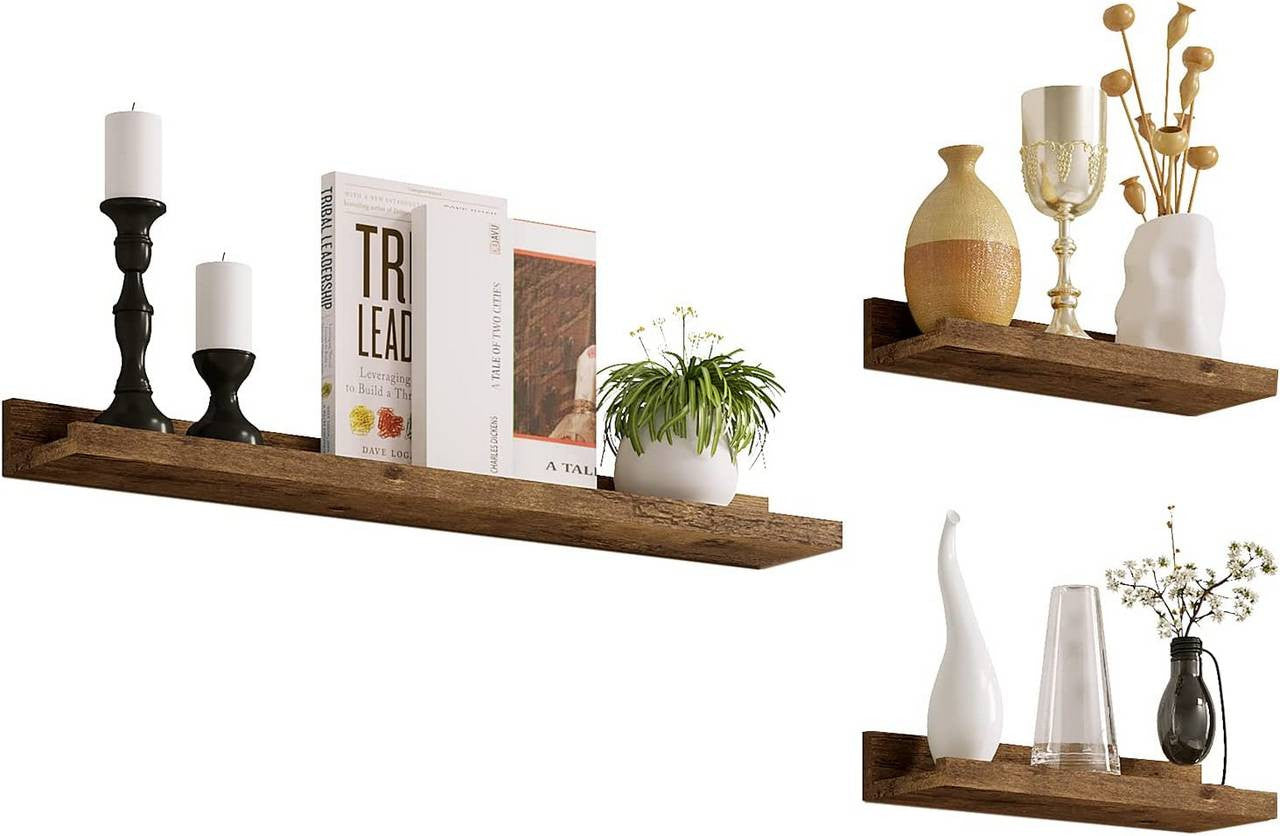 24goodz Floating Shelf Set of 3 - Stylish Storage Solution - MDF - For Home Decor Lovers - Rustic Brown - hov