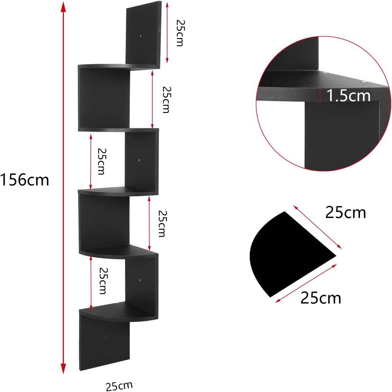 24goodz Corner Shelf Zigzag - Maximizes Storage Space - Safe and Robust - MDF - Black/Wood Vintage - 25x156x25 cm - sz