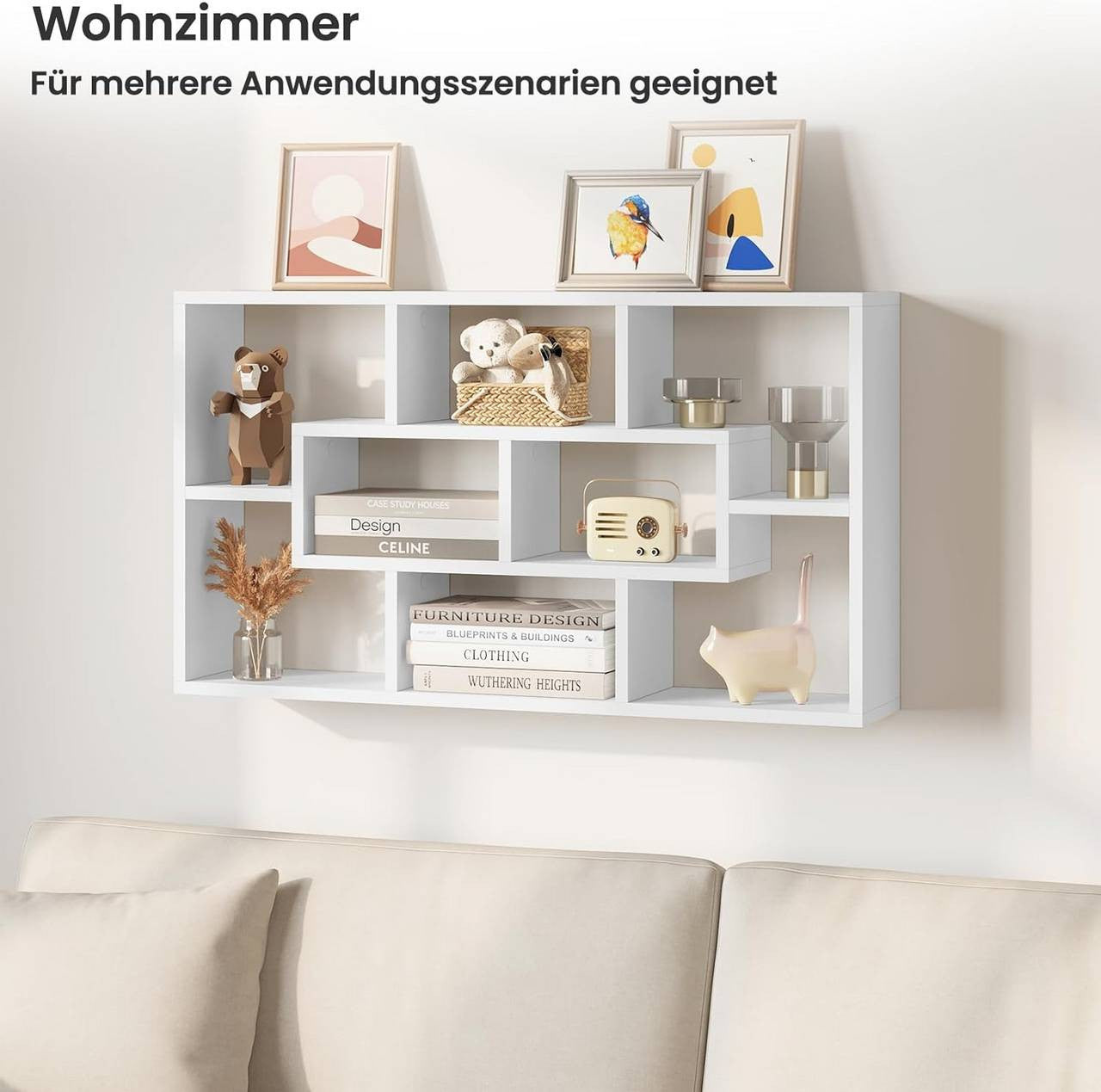 24goodz Wall Shelf with 8 Compartments - Stylish Storage Solution - Wood Material - For Home Organization - White - 85x48x16 cm